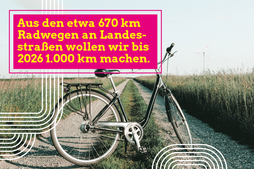 Ein Fahrrad steht auf einem Feldweg. Im Hintergrund  befindet sich ein Windrad. Auf dem Foto steht geschrieben: "Aus den etwas 670km Radwegen an Landesstraßen wollen wir bis 2026 1.000 km machen.