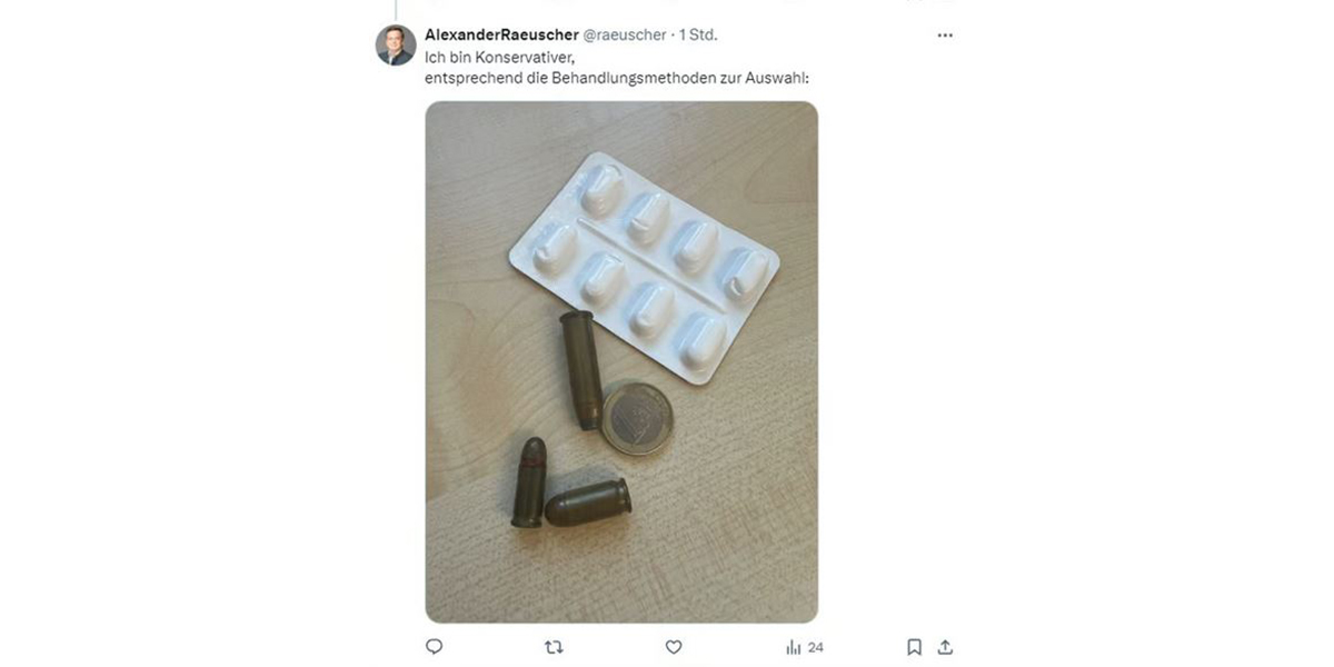 KI generiert: Das Bild zeigt eine leere Medikamentenblisterpackung und mehrere Patronen auf einem Tisch. Dazu gibt es einen Text, der eine Aussage im Kontext eines konservativen Standpunkts macht.