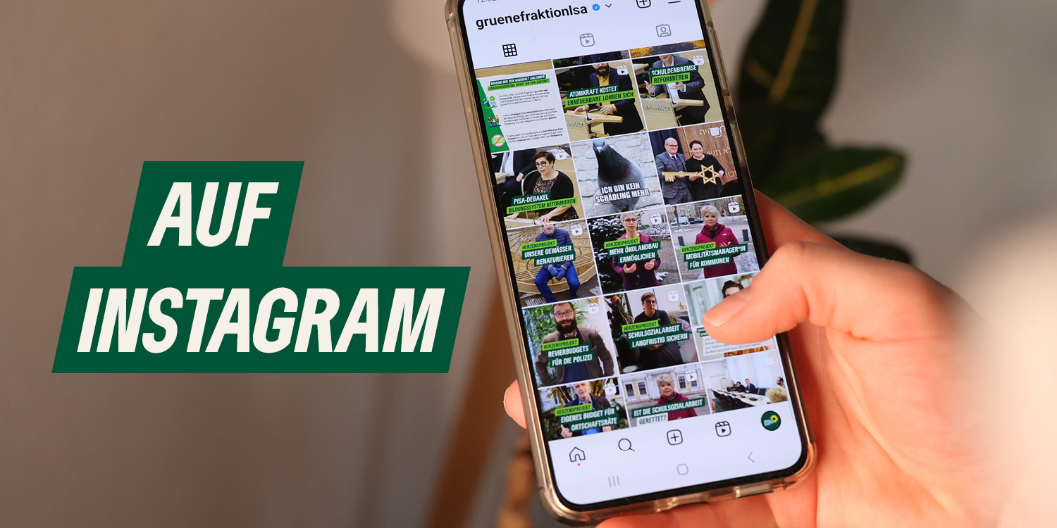 KI generiert: Das Bild zeigt eine Hand, die ein Smartphone hält, auf dem ein Instagram-Profil mit mehreren Beiträgen zu sehen ist. Daneben befindet sich der Text "AUF INSTAGRAM".
