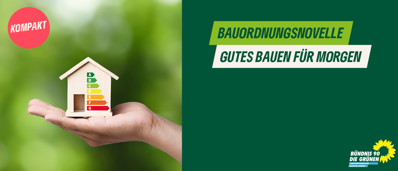 KI generiert: Das Bild zeigt eine Hand, die ein kleines Holzhaus mit Energieeffizienzkennzeichnung hält, neben einem Textfeld mit der Aufschrift "Bauordnungsnovelle - Gutes Bauen für Morgen" sowie dem Logo von Bündnis 90/Die Grünen. Der Hauptinhalt ist die Förderung von nachhaltigem Bauen.
